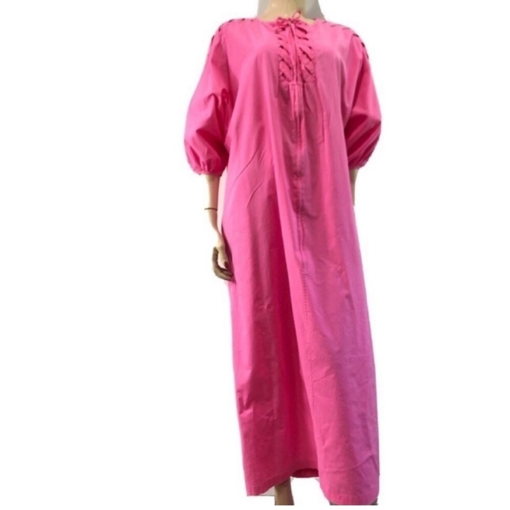 Vintage Keyloun Cotton Pink Kaftan Floral Maxi Dress with Pockets